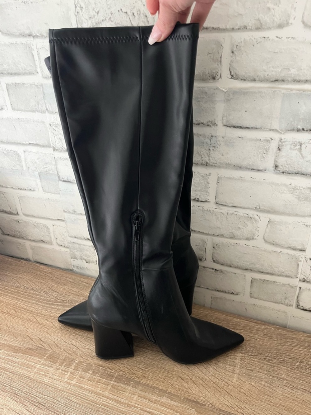 Steve Madden -  Black Knee-High Pointed Toe Block Heel Boots - Picture 2 of 3